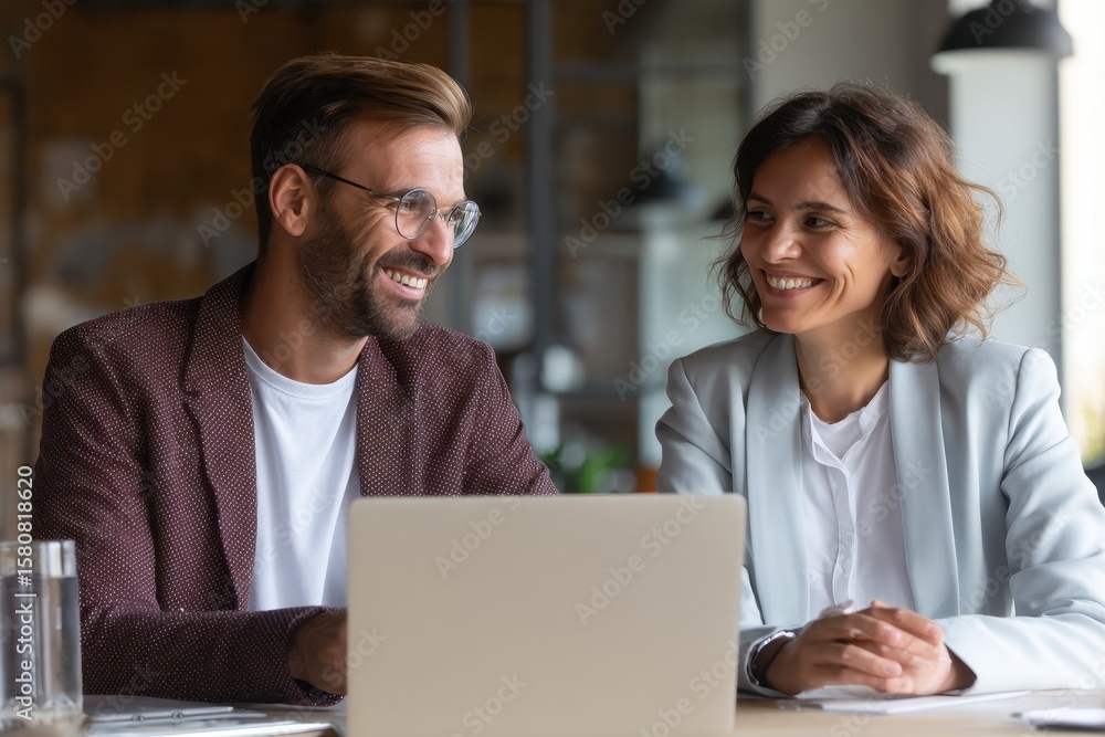 Fototapeta premium Two office colleagues discussing AI project online using laptop in workplace environment