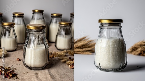 Glass jars filled with creamy substance, studio shot, beige background, product photography
