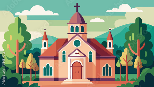 Vector art of an idyllic church with multiple steeples set against a scenic backdrop