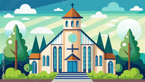 Vector art of an inviting church building surrounded by lush green trees