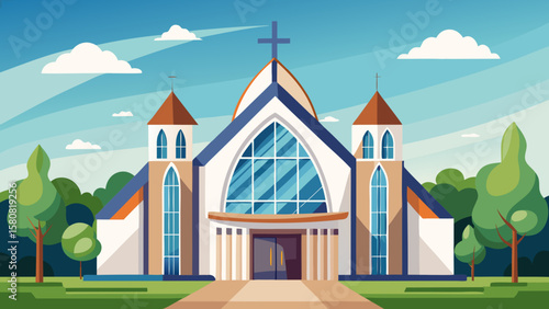 Vector art of a grand church with large stained glass windows and trees