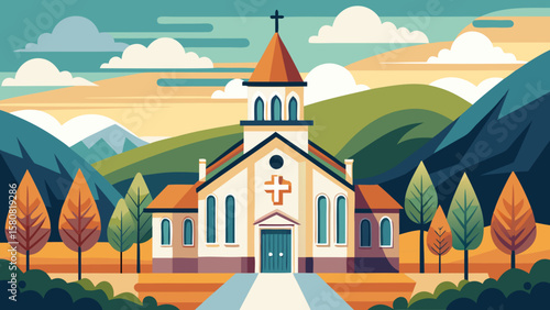 Vector art of a charming church stands amidst rolling hills and mountains