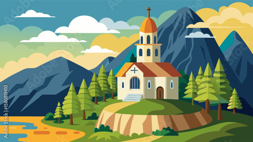 Vector art of a beautiful church sits on a hill overlooking a river