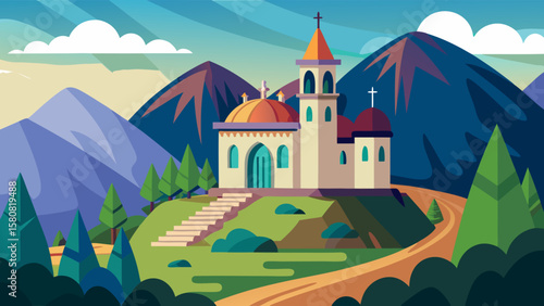 Vector art of a charming church sits atop a grassy hill