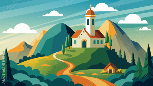 Vector art of a serene church is set against a majestic mountain backdrop
