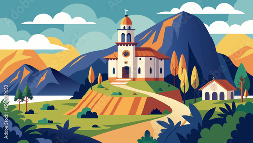 Vector art of a winding path leads to a church in a mountain setting