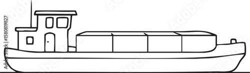 Simple Line Drawing of a Barge Carrying Cargo Containers on a Calm Water Surface black