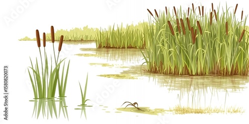 A watercolor painting of cattails growing in a marshy area with tall green grass around