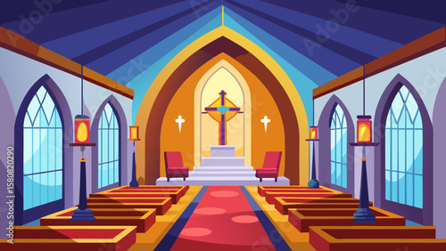 Vector art of church interior featuring pews, altar, and ornate windows