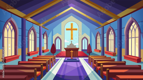 Vector art of church interior with a cross, pews, and blue stained glass