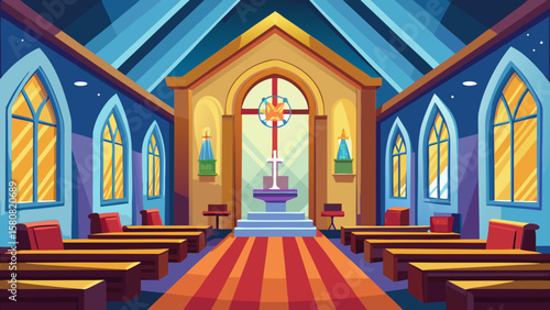 Vector art of a colorful church interior with pews and altar