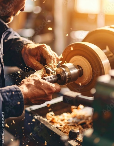 Close-up of a skilled craftsman shaping wood on a lathe, with wood shavings flying in a warmly lit workshop.