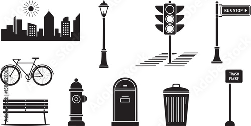 Urban City Elements and Street Objects Silhouette Icons