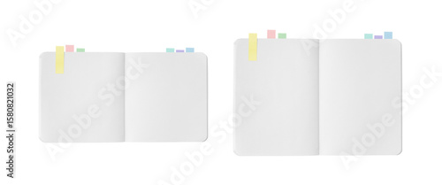 Overhead view of a white notebook with color-coded sticky notes, displaying two spreads: one rectangular and one square.