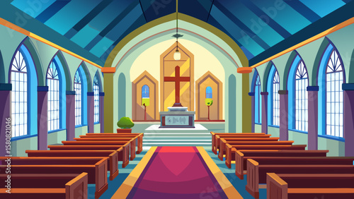 Vector art of perspective view of a church interior with pews