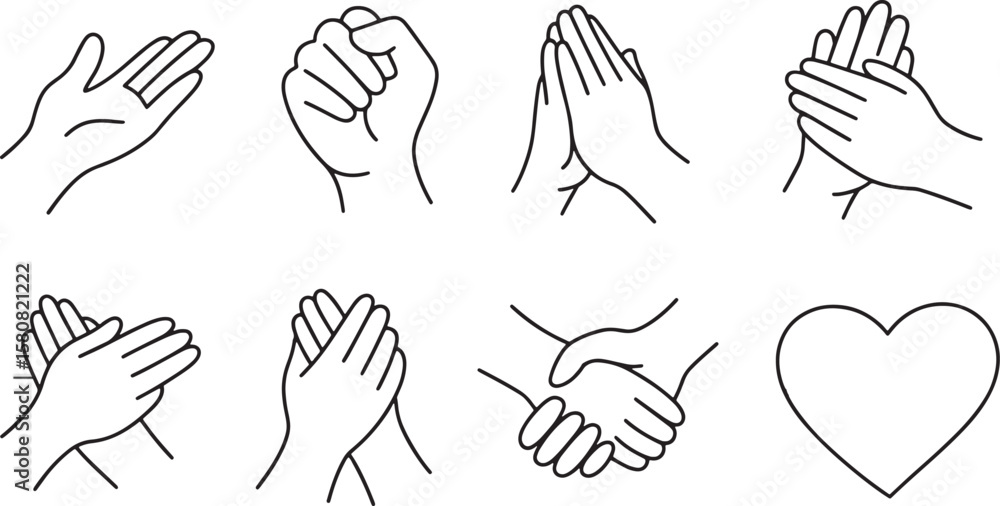 Obraz premium Diverse Hand Gestures Including Fist, Prayer, and Professional Handshake