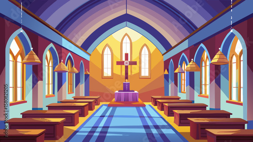 Vector art of a view down the aisle of a church towards the altar