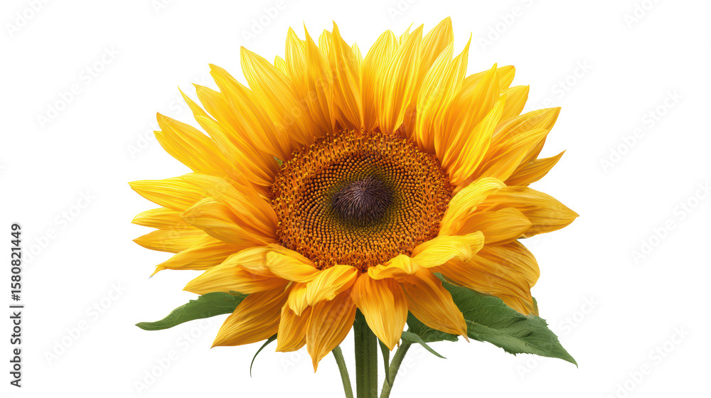 Fototapeta premium A vibrant sunflower with bright yellow petals and a rich brown center on a white isolated background.
