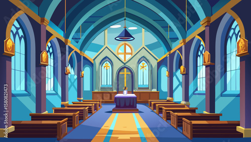 Vector art of inside a blue and purple church with wooden pews