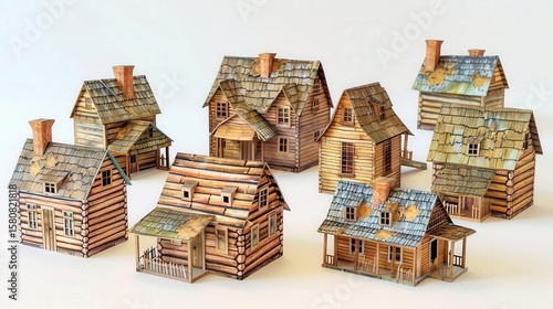 Roleplay colonial village isolated on transparent background papercraft log cabins