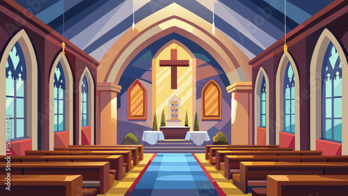 Vector art of church interior with pews, altar, and cross