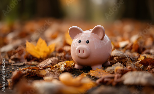 Fototapeta Naklejka Na Ścianę i Meble -  Piggy bank sitting on a fall leaf background, savings