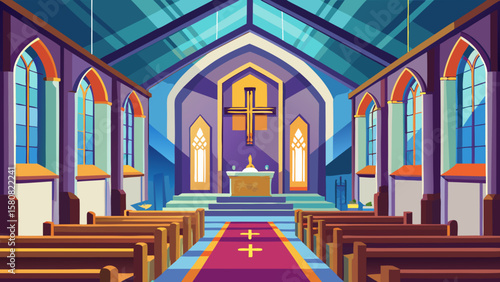 Vector art of a church interior with a blue carpet and wooden pews