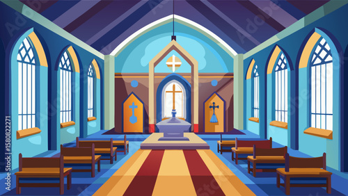 Vector art of a church interior with a baptismal font and pews