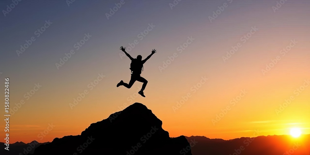 Silhouette of a figure leaping joyfully atop a mountain peak at sunset, silhouette, climb Silhouette of a figure leaping joyfully atop a mountain peak at sunset, silhouette, climb