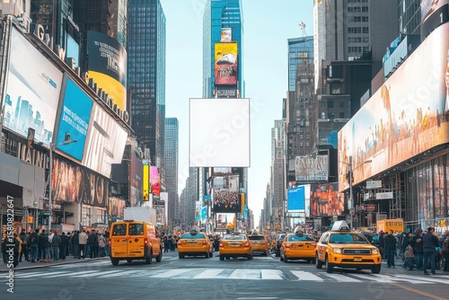 Billboard city vibes in Times Square New York street view with clean white billboard mockup, blank urban board in vibrant commercial zone surrounded by skyscrapers, lights, and people