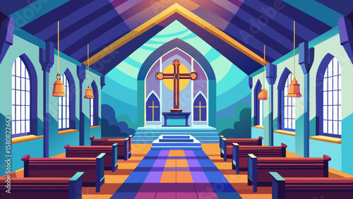 Vector art of a church interior with pews, altar, and a large cross