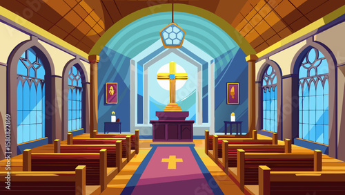 Vector art of inside a beautiful church with pews and a cross