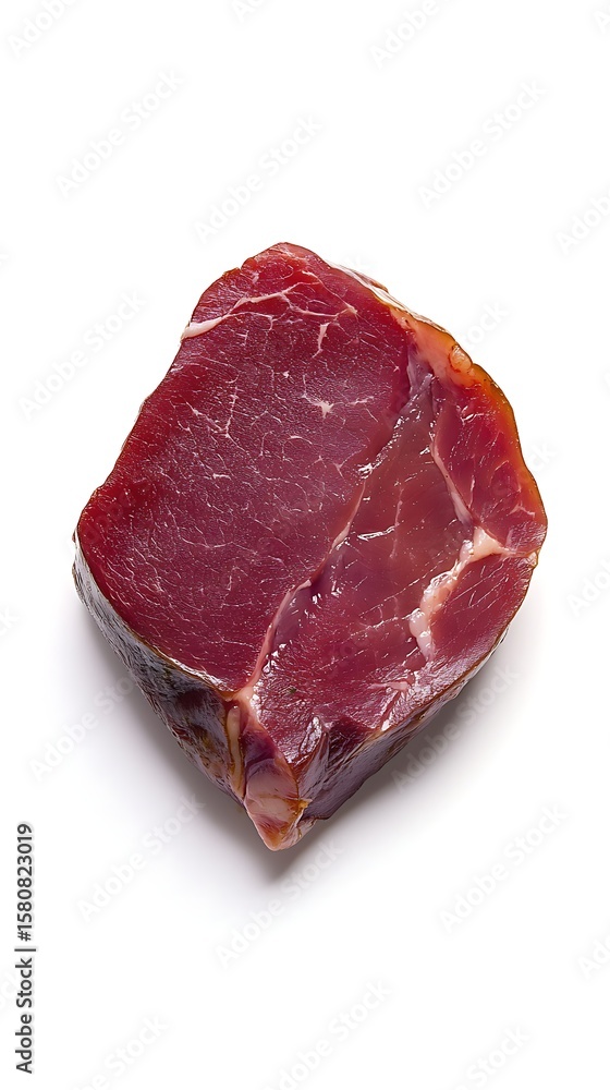 Obraz premium Single Square Cut of Preserved Meat, Cured Bresaola on a White Background
