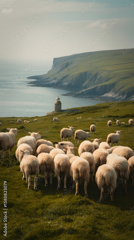 Obraz premium A group of sheep on a hill by the water