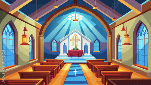 Vector art of sunlight streams into a church with pews and a cross