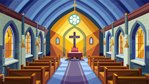 Vector art of inside a gothic church with pews and a cross
