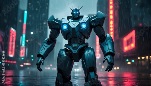 Futuristic Robot Standing in City Rain at Night with Neon Lights