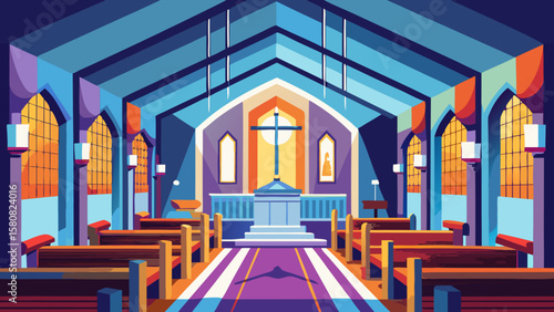 Vector art of geometric church interior with colorful stained glass
