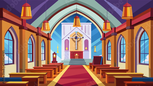 Vector art of a bright church interior with an altar and hanging lamps