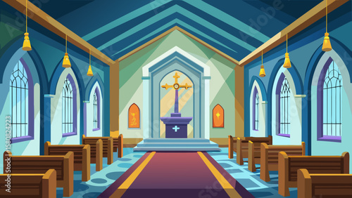 Vector art of a view of a church interior with rows of wooden pews and altar