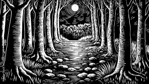 glowing forest with spiraled trees, levitating stones, and bioluminescent plants under moon, depicted in black and white line art illustration for magical RPG environment