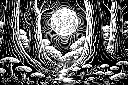 glowing forest with spiraled trees, levitating stones, and bioluminescent plants under moon, depicted in black and white line art illustration for magical RPG environment