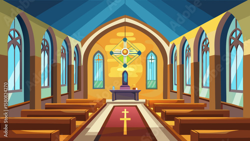 Vector art of a church interior with pews, altar, and a decorative cross