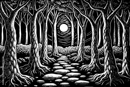 glowing forest with spiraled trees, levitating stones, and bioluminescent plants under moon, depicted in black and white line art illustration for magical RPG environment