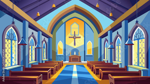 Vector art of church interior with pews, altar, and a cross illuminated