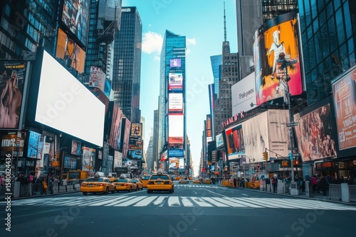 Urban New York City scene with white billboard mockup on Times Square street, blank advertising display for marketing design