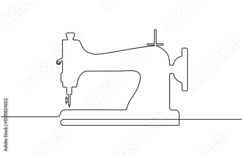 Tailoring tools for sewing garments in one continuous line. Sewing machine, spool of thread, needle. Editable vector contour, Tailor Made Continuous.