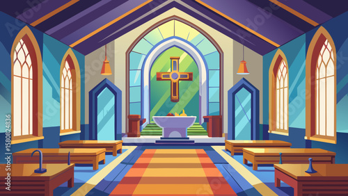 Vector art of vibrant church interior featuring pews, altar, and cross