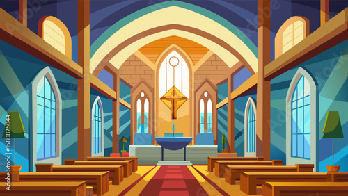 Vector art of sunlit church interior with pews, altar, and stained glass