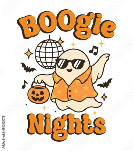 Boogie Nights  - Spooky Season T-shirt Vector, Funny Halloween Illustration, Cute Ghost Clipart, Halloween Ghoul Design, Humor Sayings
